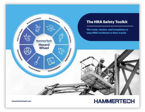 Cover of the HRA Safety Toolkit with a light shadow all around. It shows the HammerTech Hazard Wheel on the front, and a grayscale photo of a steel worker in a lift at the bottom.