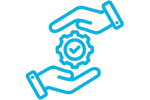 Icon of two hands around a gear with a check mark, representing the hands-on experience you'll get with requesting early access to HammerTech Intelligence.