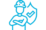 Icon of construction worker looking proud, with a safety badge and check mark behind him